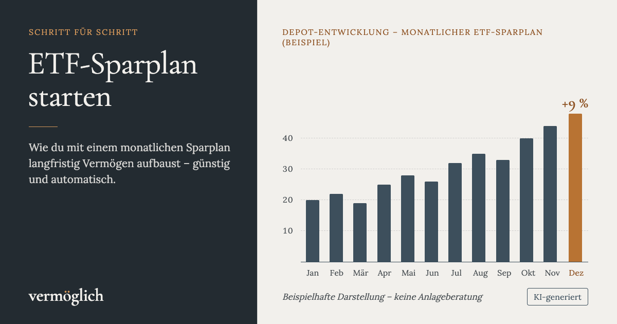 Balkendiagramm: beispielhafte Depot-Entwicklung eines monatlichen ETF-Sparplans von Januar bis Dezember, zuletzt plus 9 %.