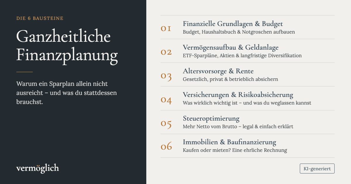 Übersicht der 6 Bausteine ganzheitlicher Finanzplanung: Grundlagen & Budget, Vermögensaufbau, Altersvorsorge, Versicherungen, Steueroptimierung, Immobilien.