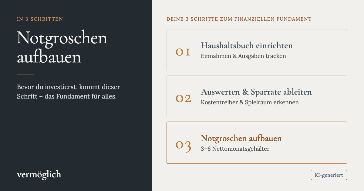 Drei Schritte zum Notgroschen: Haushaltsbuch einrichten, Sparrate ableiten, Notgroschen von 3–6 Nettomonatsgehältern aufbauen.