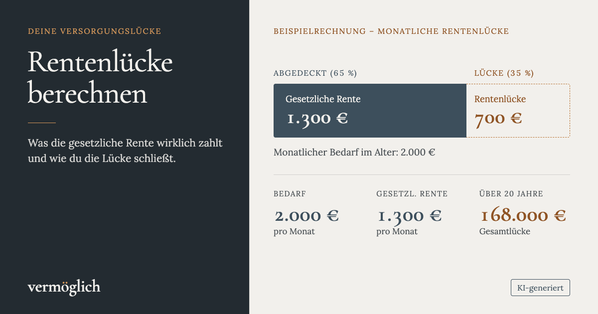 Beispielrechnung: 2.000 € Bedarf, 1.300 € gesetzliche Rente, 700 € monatliche Rentenlücke, über 20 Jahre 168.000 €.
