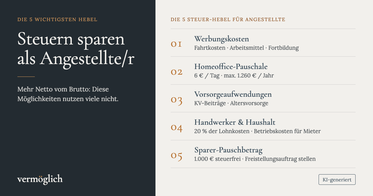 Die 5 Steuer-Hebel für Angestellte: Werbungskosten, Homeoffice-Pauschale, Vorsorgeaufwendungen, Handwerker & Haushalt, Sparer-Pauschbetrag.