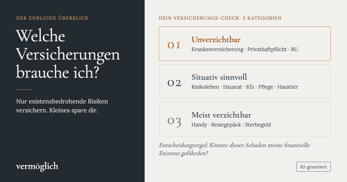 Versicherungs-Check in drei Kategorien: unverzichtbar, situativ sinnvoll und meist verzichtbar.